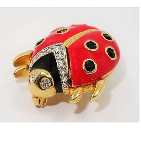 Kenneth Jay Lane Jewelry - Signed KJL LADYBUG BROOCH PIN Crystal Rhinestones Black Beads Red Enameled Gold